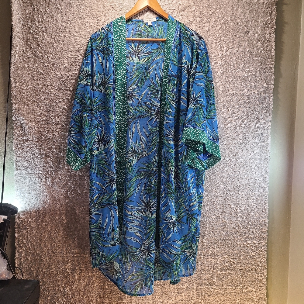 Ophelia Roe Blue Green Tropical Sheer Cardigan Cover Up Polyester L, XL